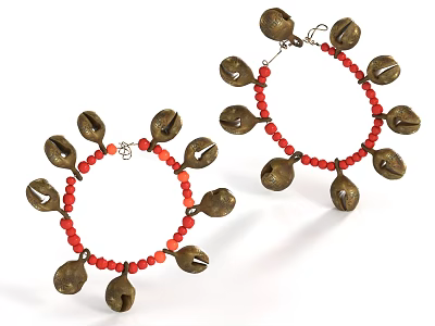 Stylish Circular Red Beaded Hoop Earrings Decorated With Metal Bells 3d model