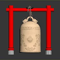 Red Torii Like Frame Hanging Decorative Copper Bell With Carved Patterns And Reflection 3d model
