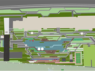 Innovative Garden Landscape Design With Green Areas Pathways And Water Features 3d model
