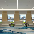 Spacious Conference Room With Large Windows Blinds Beige Sofas Wooden Walls And Blue Patterned Carpet