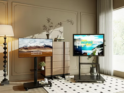 Two TVs on Stands in Modern Room Interior With Cabinet Lamp and Plants 3d model