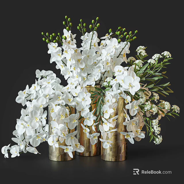 Beautiful White Orchid Flowers in Golden Vases for Elegant Home Decor 3d model 