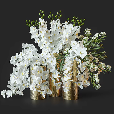 Beautiful White Orchid Flowers in Golden Vases for Elegant Home Decor 3d model