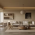 Elegant Modern Living Room With Beige Sofa Wooden Coffee Table Rug Blinds And Wall Art