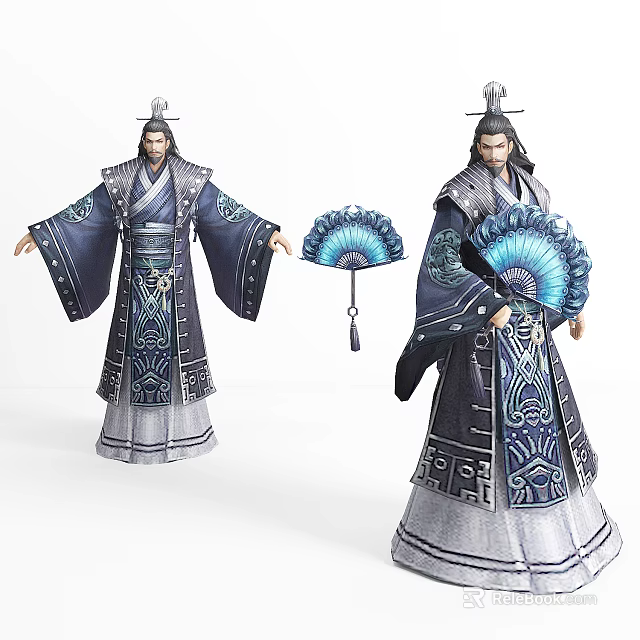 Mythic Style Characters In Traditional Robes With Blue Fan And Creature Motifs 3d model 