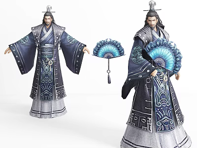 Mythic Style Characters In Traditional Robes With Blue Fan And Creature Motifs 3d model