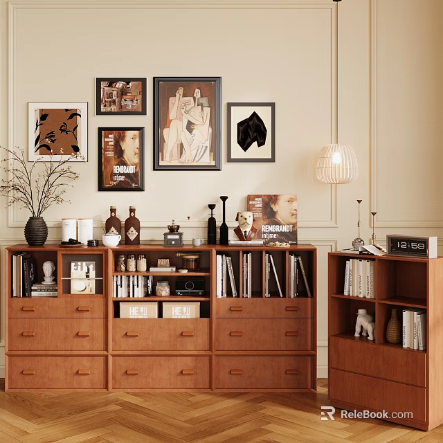 Wooden Bookcase with Drawers and Shelves Decorated with Framed Art Lamp and Books 3d model 
