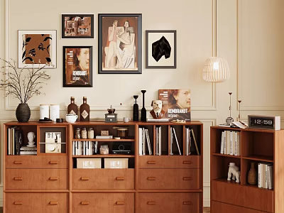 Wooden Bookcase with Drawers and Shelves Decorated with Framed Art Lamp and Books 3d model