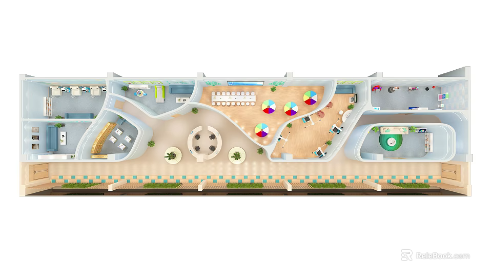 Community Leisure Center Layout Design With Functional Zones Green Plants And Colorful Umbrellas 3d model 