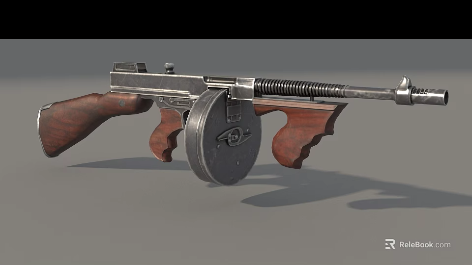 Vintage Submachine Gun With Wooden Stock Metal Body And Drum Magazine 3d model 