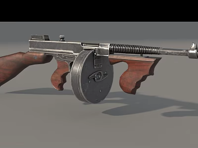 Vintage Submachine Gun With Wooden Stock Metal Body And Drum Magazine 3d model