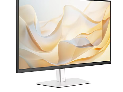 Sleek Computer Monitor With Beige Flowing Wave Pattern Display And Silver Metal Stand 3d model