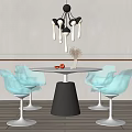 Modern Round White Dining Table Black Conical Base with Blue Transparent Chairs Metallic Silver Legs