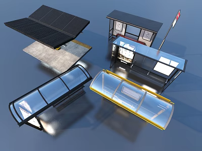 Modern Bus Shelter Structures Featuring Solar Panels Glass Roofs And Advertising Displays 3d model