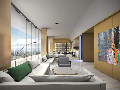 Bright Spacious Modern Living Room With Panoramic City View And Elegant Interior Design 3d model