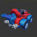 Red And Blue Cartoon Style Toy Car With Large Wheels And Exhaust Pipes