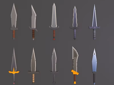 Ten Different Designed Weapons Featuring Various Blade Shapes And Colored Handles 3d model