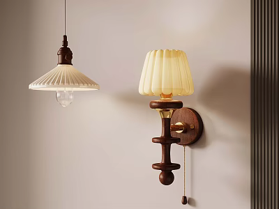Vintage Wooden Wall Sconce And Pendant With Cream Pleated Shades On Light Wall 3d model