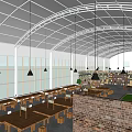 Spacious Café Interior With Arched Ceiling Hanging Pendant Lights Wooden Long Tables And Shelves