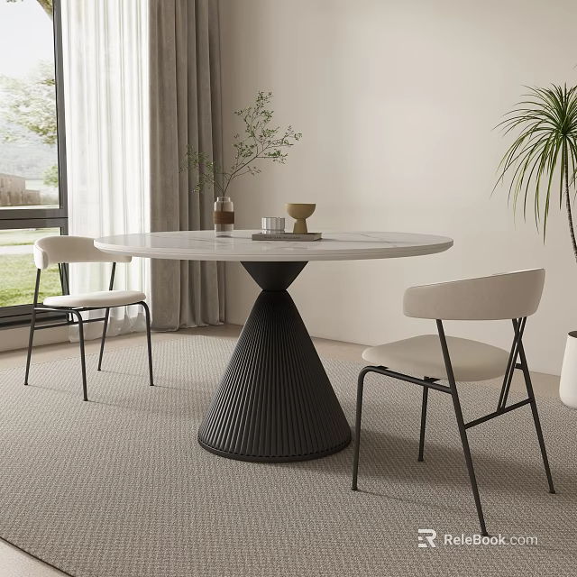 Modern Round Dining Table With Marble Top Black Cone Base Light Chairs Window And Plants 3d model 