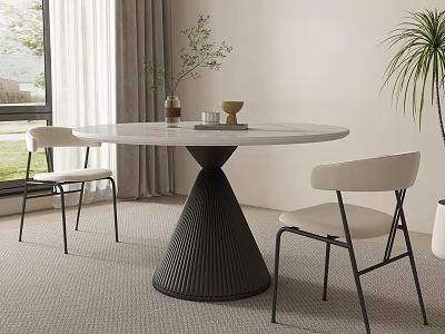 Modern Round Dining Table With Marble Top Black Cone Base Light Chairs Window And Plants 3d model
