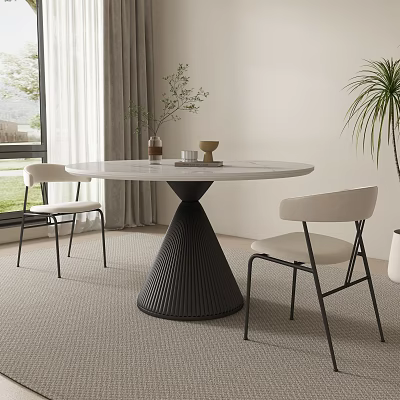 Modern Round Dining Table With Marble Top Black Cone Base Light Chairs Window And Plants 3d model