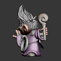 Cheerful Cartoon Fantasy Character In Purple Outfit With White Circle And Spiral Staff