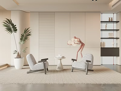 Casual Sofa Set Featuring Plaid Chairs Small Coffee Table and Green Plant in Modern Interior 3d model