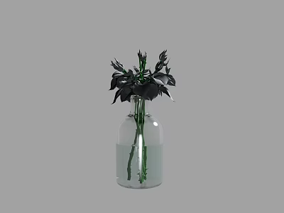 Transparent Glass Vase With Black Flowers And Water For Home Decoration 3d model
