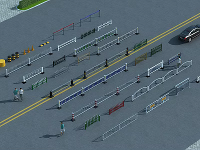 Outdoor Fences Display With Various Types Colors And Materials Near Road And People 3d model