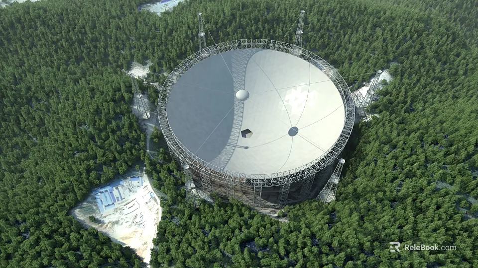 Large Radio Telescope With Circular Dish Antenna Surrounded By Forest Trees 3d model 