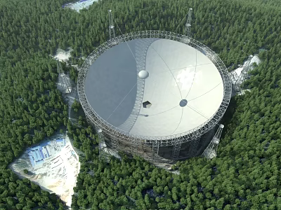 Large Radio Telescope With Circular Dish Antenna Surrounded By Forest Trees 3d model
