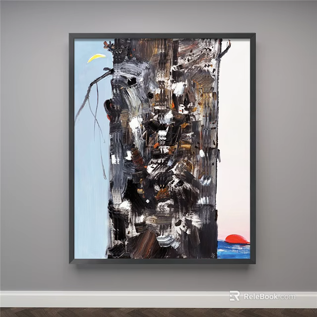 Abstract Oil Painting With Tree Trunk Crescent Moon And Red Sun In Light Blue Background 3d model 