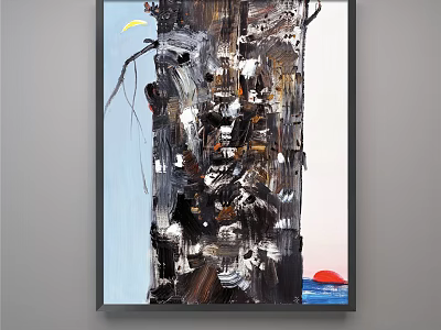 Abstract Oil Painting With Tree Trunk Crescent Moon And Red Sun In Light Blue Background 3d model