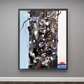 Abstract Oil Painting With Tree Trunk Crescent Moon And Red Sun In Light Blue Background