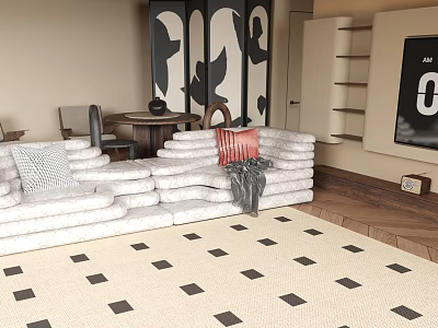White Irregular Shaped Sofa In Modern Living Room Interior With Geometric Rug And Pillows 3d model