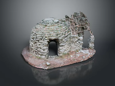 Scenic View Of Traditional Stone Cottage With Arched Doorway And Twig Roof On Red Base 3d model