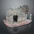 Scenic View Of Traditional Stone Cottage With Arched Doorway And Twig Roof On Red Base