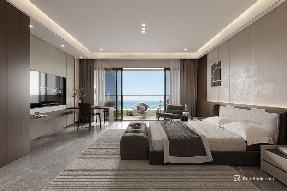 Modern Hotel Guest Room Interior With Sea View King Bed Large Window And Comfortable Furniture 3d model 