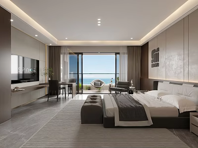 Modern Hotel Guest Room Interior With Sea View King Bed Large Window And Comfortable Furniture 3d model