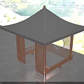 Garden Landscape Pavilion With Black Roof Wooden Circular Open Window Bench Blue Sky White Clouds