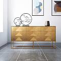 Modern Golden Console Side Cabinet With Geometric Patterns Metal Frame And Decorative Items