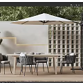 Modern Outdoor Wooden Table With Gray Chairs Umbrella And Green Plants