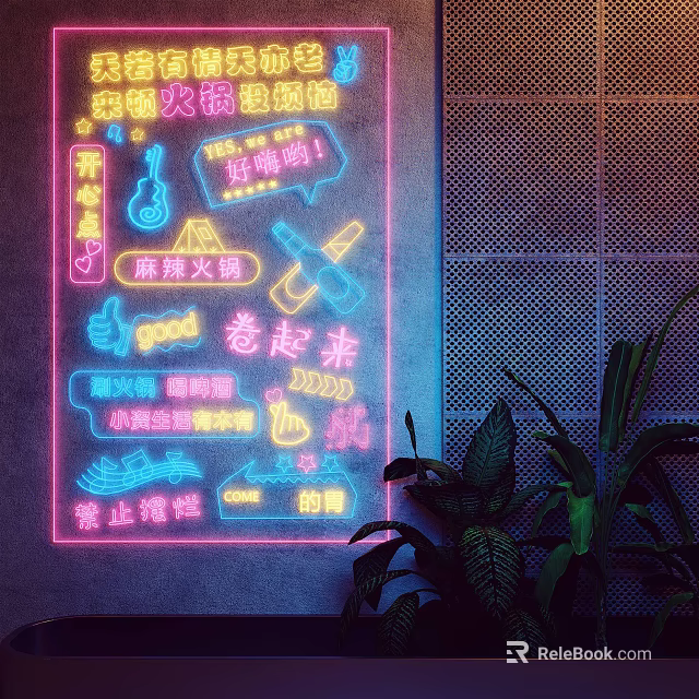 Vibrant Neon Decorative Lights With Chinese Characters And Icons For Restaurant Interior 3d model 