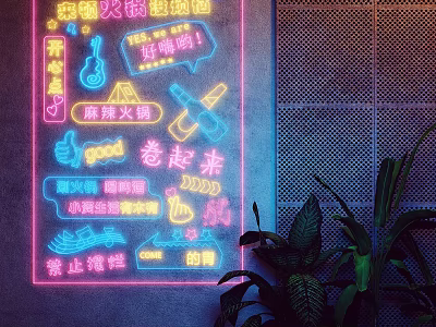Vibrant Neon Decorative Lights With Chinese Characters And Icons For Restaurant Interior 3d model