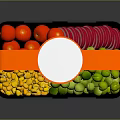 Display Shelf Showcasing Colorful Fruit Vegetable Plastic Containers With Transparent Lids And Orange Straps