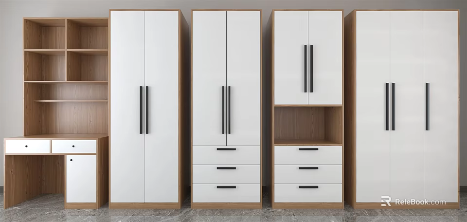 Modern Wardrobe Design With White Panels Black Metal Handles Drawers And Wooden Shelves 3d model 