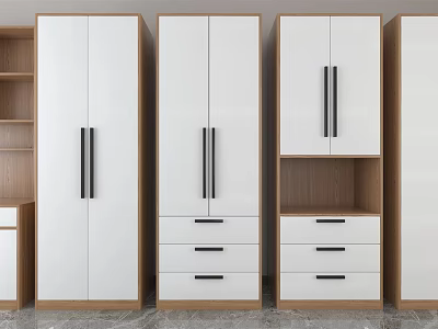 Modern Wardrobe Design With White Panels Black Metal Handles Drawers And Wooden Shelves 3d model