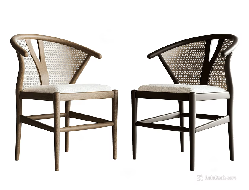 Modern Leisure Chairs With Rattan Backrest White Cushion Wooden Legs And Brown Black Finish 3d model 