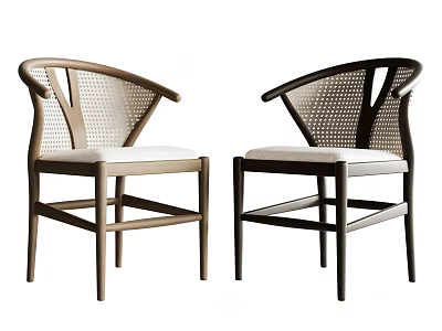 Modern Leisure Chairs With Rattan Backrest White Cushion Wooden Legs And Brown Black Finish 3d model
